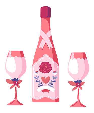 Wedding champagne and glasses decorated with laceのイラスト素材