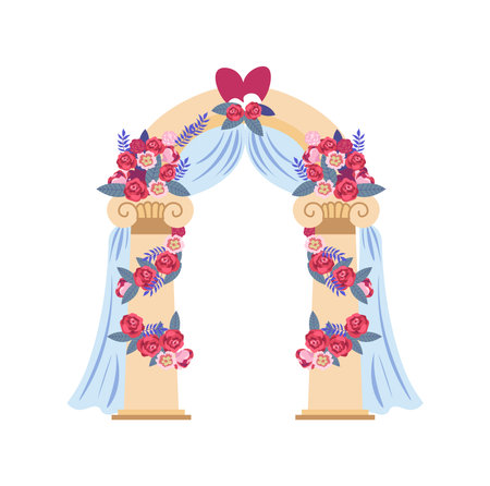 Wedding arch decorated with flowers and veilsのイラスト素材