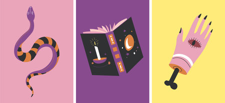 Magic cards, book of spells, snake and hand vectorのイラスト素材