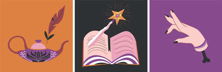 Magic cards, book of spells, sorcery witchcraftのイラスト素材