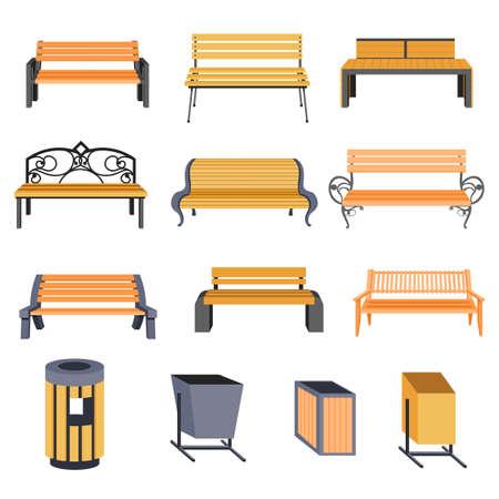 Realistic benches and garbage bin for outdoorsのイラスト素材