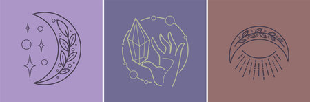 Mystical and magical elements, moon and handsのイラスト素材