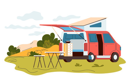 Camper van trip, traveling on vehicle in summerのイラスト素材