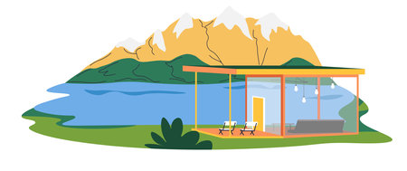 Eco resort, tiny house cabin in nature landscapeのイラスト素材