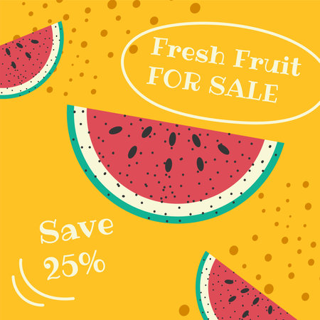 Fresh fruit for sale, save twenty five percentのイラスト素材