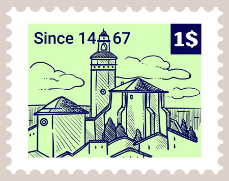 Postal mark with cityscape, view of city on stampのイラスト素材