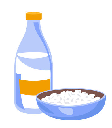 Dairy products, milk and cottage cheese in bowlのイラスト素材