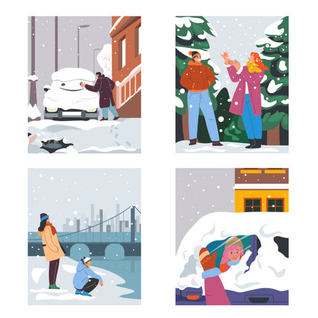 City in winter, people playing outside in snowのイラスト素材