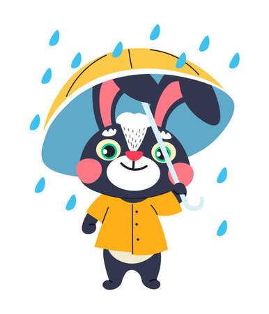 Rabbit character with umbrella standing under rainのイラスト素材