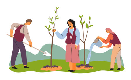 Volunteers planting trees, ecology and nature careのイラスト素材