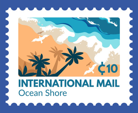 International mail, Ocean shore , postmark with seaのイラスト素材