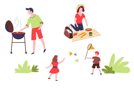 Summer outdoor activity and recreation family leisure vector pastime on nature picnicのイラスト素材