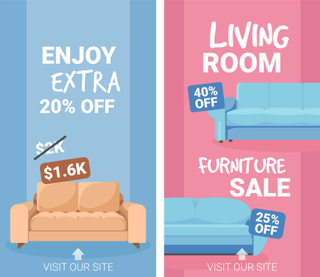 Living room furniture sale, visit our store adsのイラスト素材