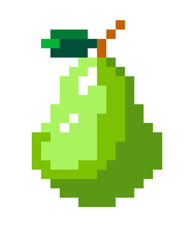 Ripe pear fruit with green leaf, pixels iconsのイラスト素材