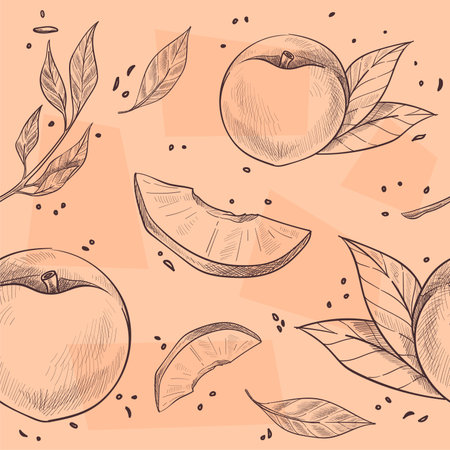 Ripe peaches on branches with foliage, fruits