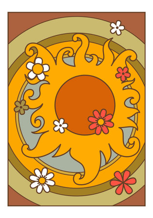 Sun with rays and blooming flowers, spring seasonのイラスト素材