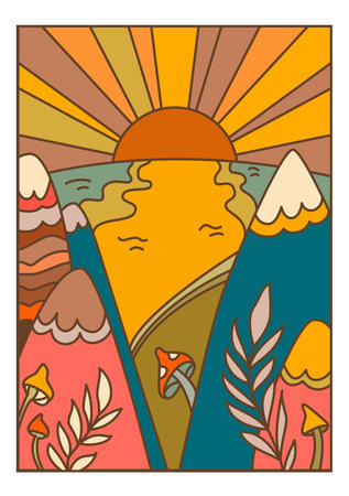 Fantasy cartoon landscape with sunrise and valleyのイラスト素材