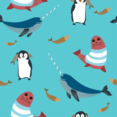 Marine animals, penguin and sea lion patternsのイラスト素材