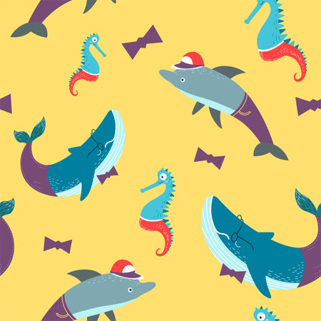 Marine animals and underwater life pattern printのイラスト素材