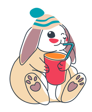 Rabbit drinking tea or cocoa from cup winter bunnyのイラスト素材