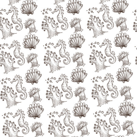 Seahorse and shell, seaweed underwater flora and fauna seamless patternのイラスト素材