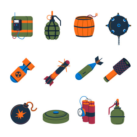 Bomb types, missiles and rockets icons vectorのイラスト素材