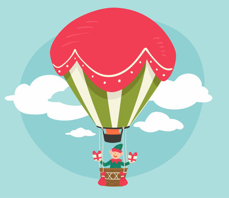 Elf on hot air balloon with presents for xmasのイラスト素材