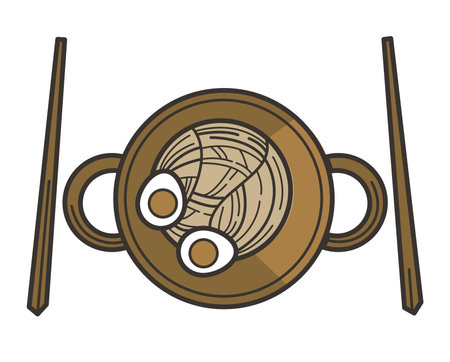 Noodles in bowl with eggs and chopsticks isolated dishのイラスト素材