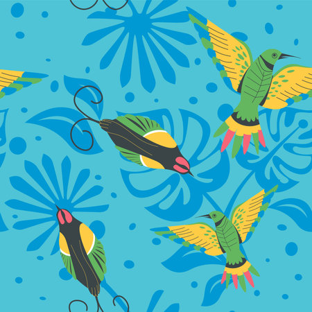 Parrots and hummingbirds, tropical flora printのイラスト素材