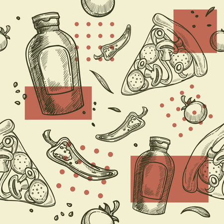 Pizza and tasty drink, chili and dough vectorのイラスト素材