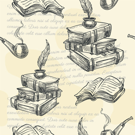Old books and smoking pipe, seamless pattern printのイラスト素材
