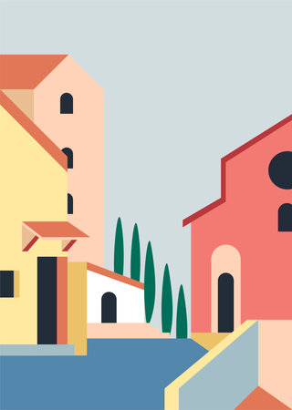 Cityscape of city or village, exterior of housesのイラスト素材