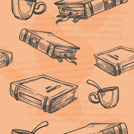 Old books with bookmarks and cup of coffee or teaのイラスト素材