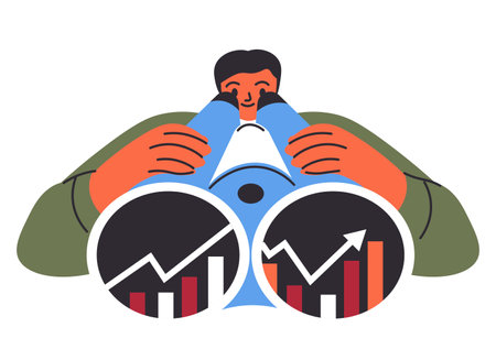 Male looking at statistics through binocularsのイラスト素材