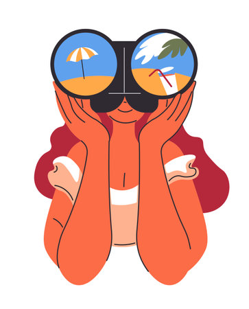 Woman with binoculars looking at seaside beachのイラスト素材