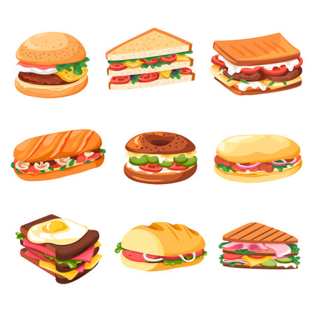 Sandwiches and snacks, fast food dishes and mealsのイラスト素材