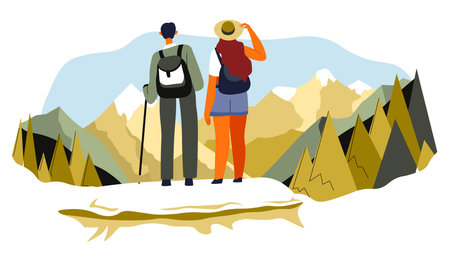 Man and woman traveling and hiking in mountainsのイラスト素材