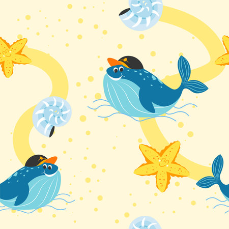 Funny whale character wearing hat, shell and starのイラスト素材