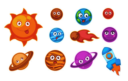 Planet cartoon personages with emotions vectorのイラスト素材