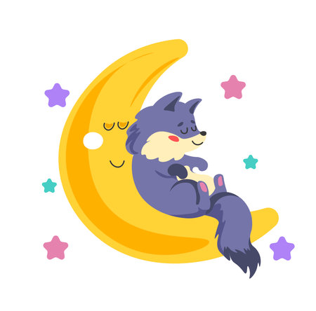 Sleepy wolf animal, character on crescent moonのイラスト素材