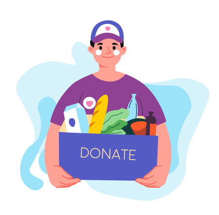 Charity and donation, person with food box vectorのイラスト素材
