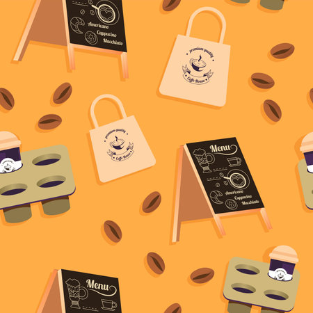 Coffee shop sign and latte in cup, seamless printのイラスト素材
