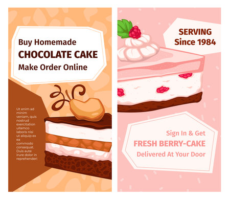 Buy homemade chocolate cake, order online bannerのイラスト素材