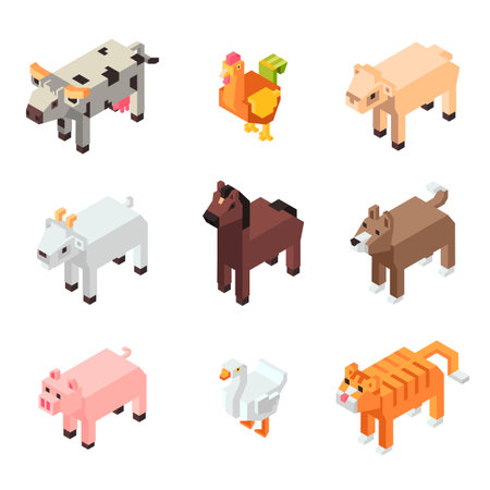 Funny animal characters, pixel or square figuresのイラスト素材