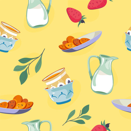 Milk and cookies, tasty homemade sweets patternのイラスト素材