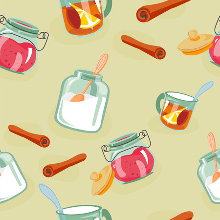 Tea home brewing, sugar and cinnamon stick printのイラスト素材