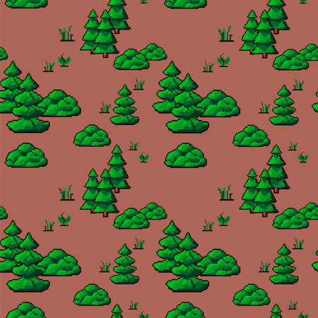 Forest or woods with pine trees and grass, pixel