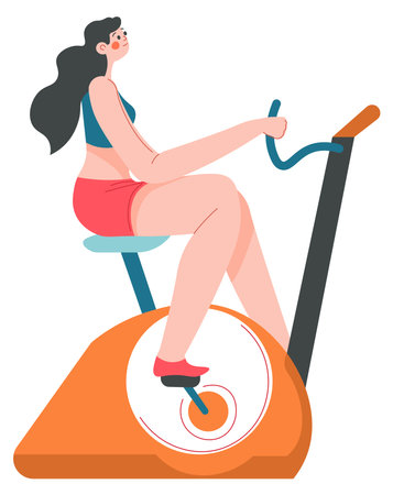 Woman working out in gym using bike for cardioのイラスト素材
