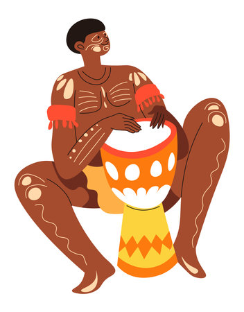 African man tribe playing drums, ritual performerのイラスト素材