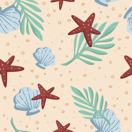 Sea seamless pattern with starfish, shells leafのイラスト素材